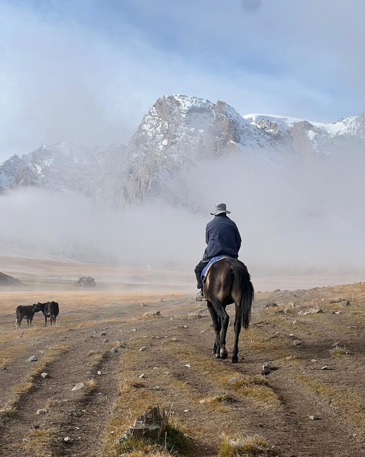The father riding towards a snow-covered mountain in the mist